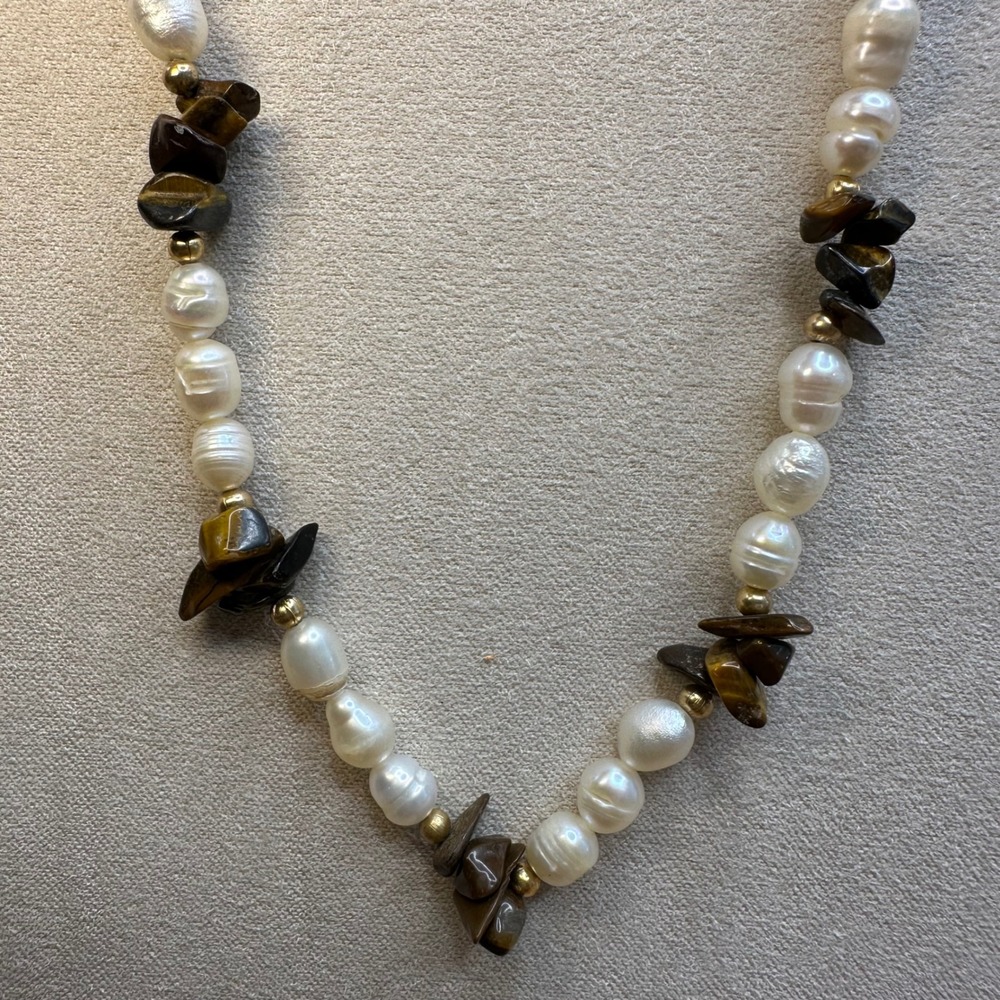 Women Necklace White Brown Freshwater Baroque Pearl Tiger Eye Boho Earthy